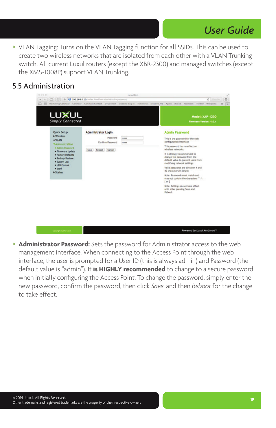 User guide, 5 administration | Luxul XAP-1230 User Manual | Page 19 / 28