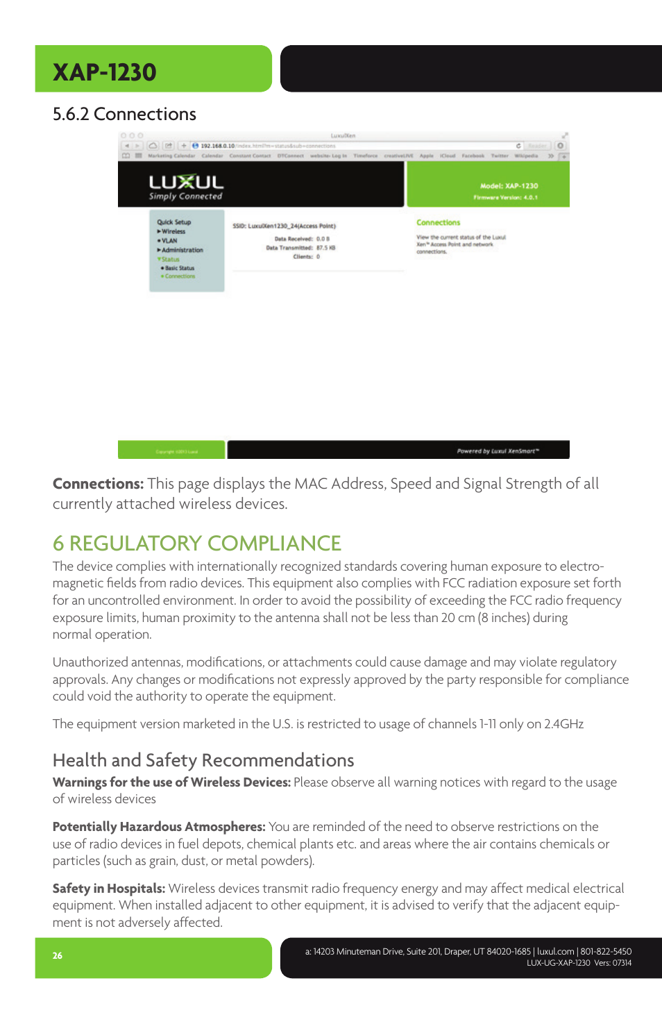 Xap-1230, 6 regulatory compliance, 2 connections | Health and safety recommendations | Luxul XAP-1230 User Manual | Page 26 / 28