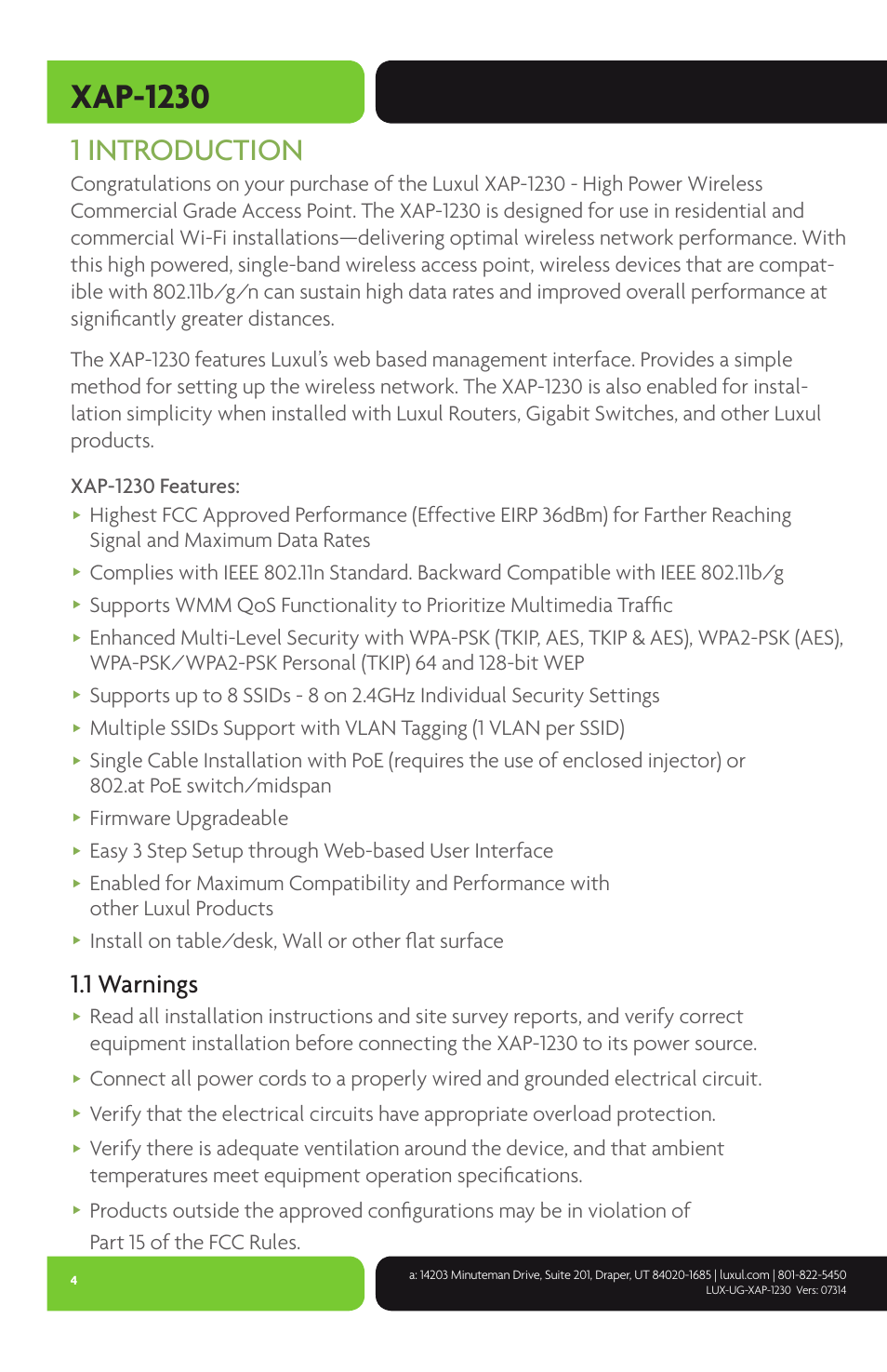 Xap-1230, 1 introduction, 1 warnings | Firmware upgradeable, Easy 3 step setup through web-based user interface, Install on table/desk, wall or other flat surface | Luxul XAP-1230 User Manual | Page 4 / 28