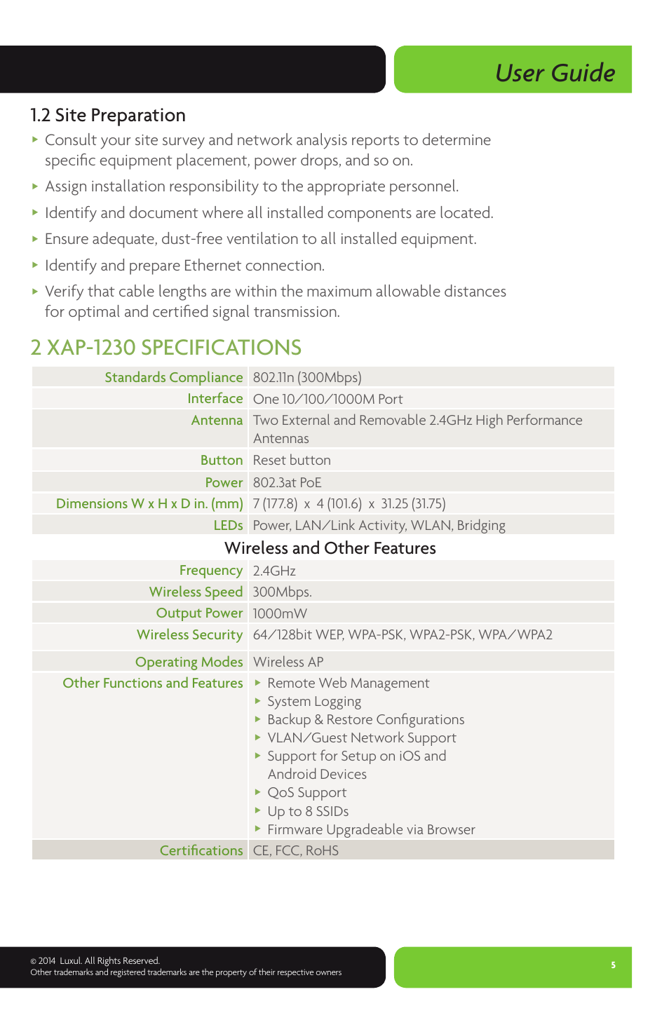 User guide, 2 site preparation, Wireless and other features | Identify and prepare ethernet connection | Luxul XAP-1230 User Manual | Page 5 / 28