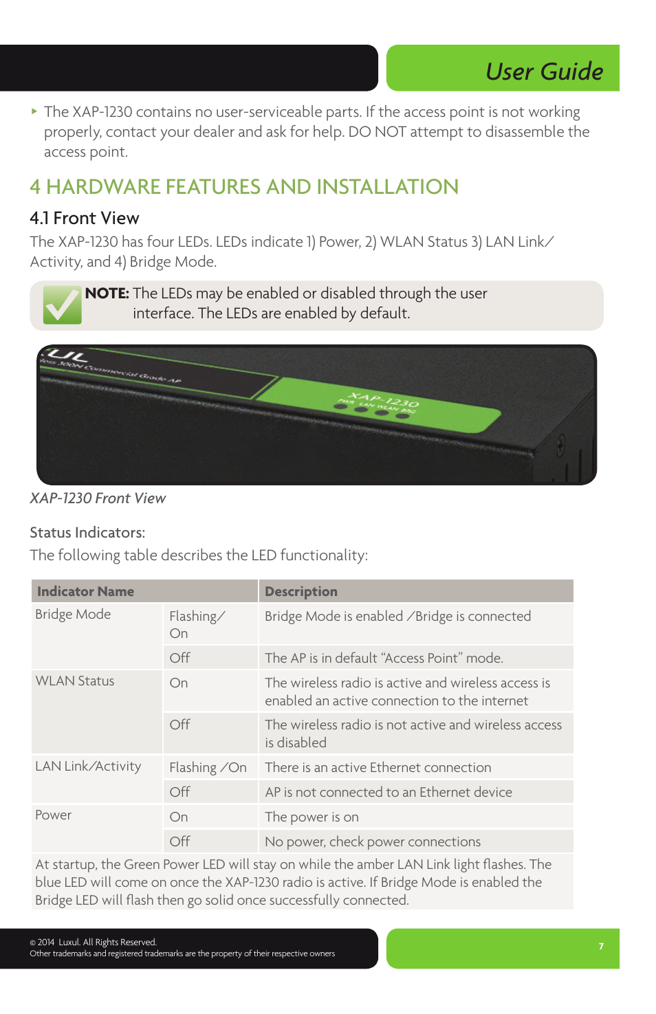 User guide, 4 hardware features and installation, 1 front view | Luxul XAP-1230 User Manual | Page 7 / 28