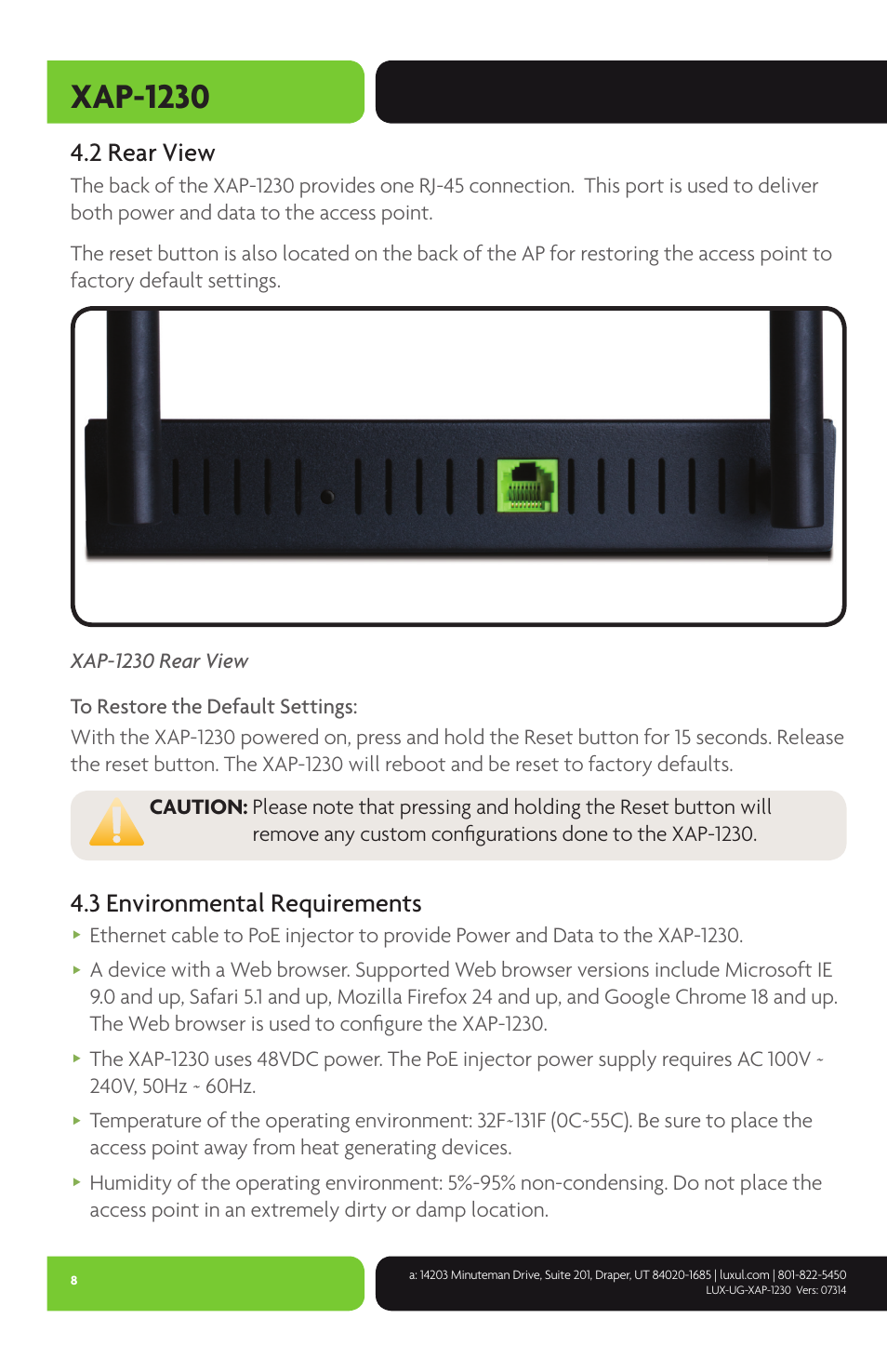 Xap-1230, 2 rear view, 3 environmental requirements | Luxul XAP-1230 User Manual | Page 8 / 28