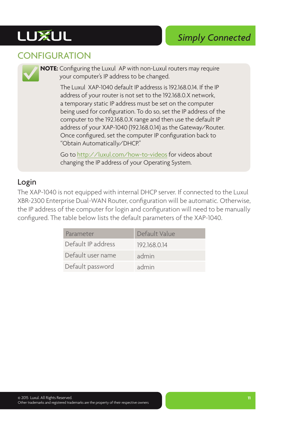 Simply connected, Configuration, Login | Luxul XAP-1040 User Manual | Page 11 / 16
