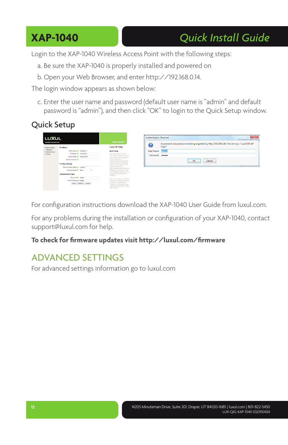 Quick install guide xap-1040, Advanced settings, Quick setup | Luxul XAP-1040 User Manual | Page 12 / 16