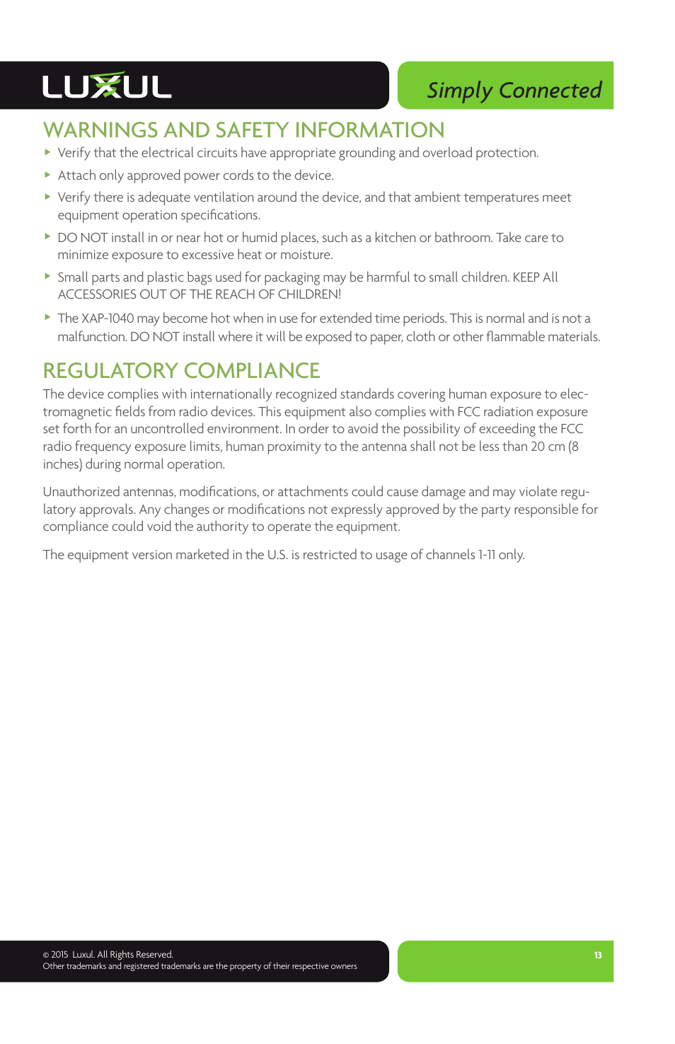 Simply connected, Warnings and safety information, Regulatory compliance | Luxul XAP-1040 User Manual | Page 13 / 16