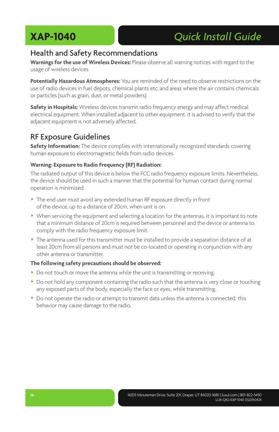 Quick install guide xap-1040, Health and safety recommendations, Rf exposure guidelines | Luxul XAP-1040 User Manual | Page 14 / 16