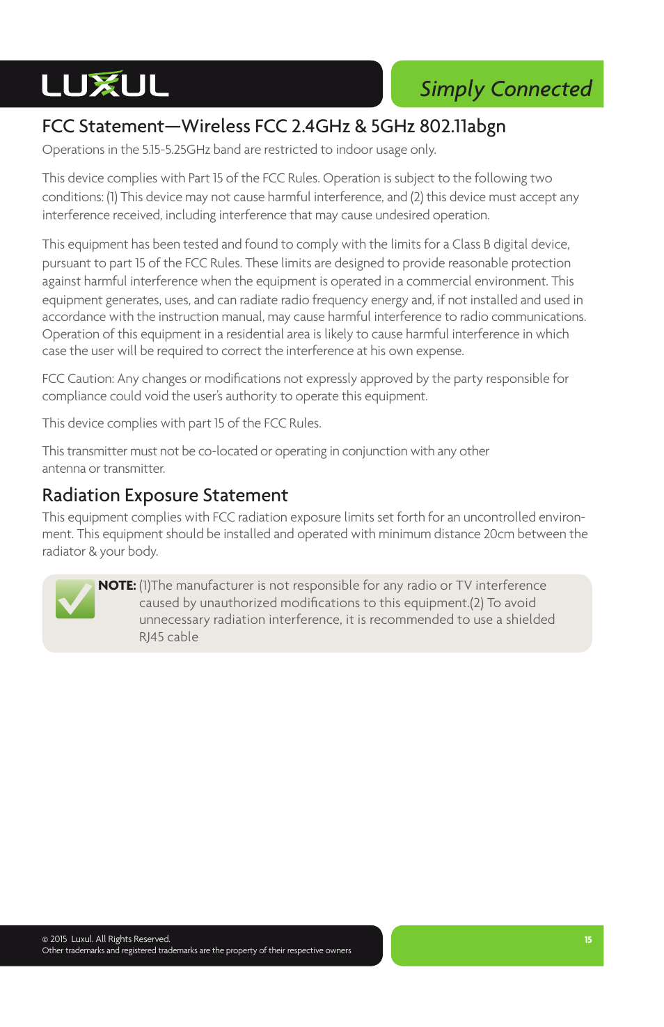 Simply connected, Radiation exposure statement | Luxul XAP-1040 User Manual | Page 15 / 16