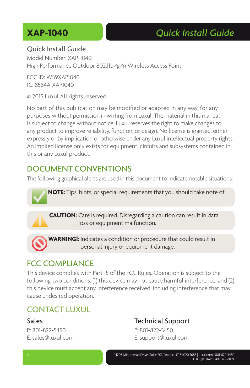 Quick install guide xap-1040, Document conventions, Fcc compliance | Contact luxul | Luxul XAP-1040 User Manual | Page 2 / 16