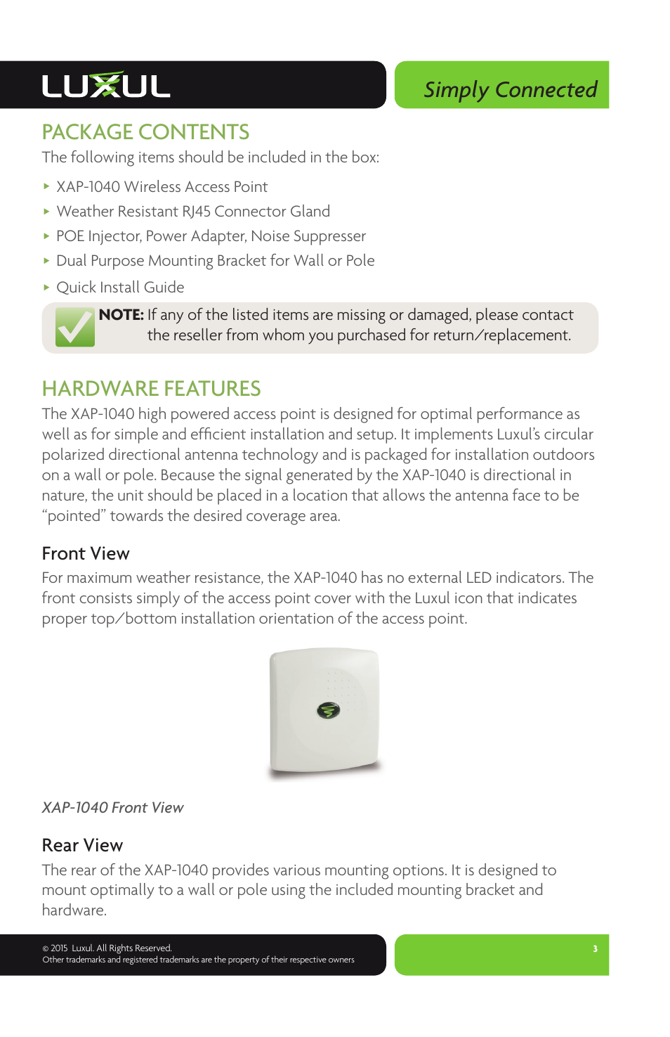 Simply connected, Package contents, Hardware features | Front view, Rear view | Luxul XAP-1040 User Manual | Page 3 / 16