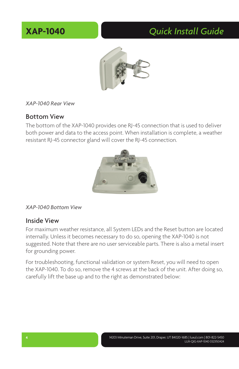 Quick install guide xap-1040, Bottom view, Inside view | Luxul XAP-1040 User Manual | Page 4 / 16