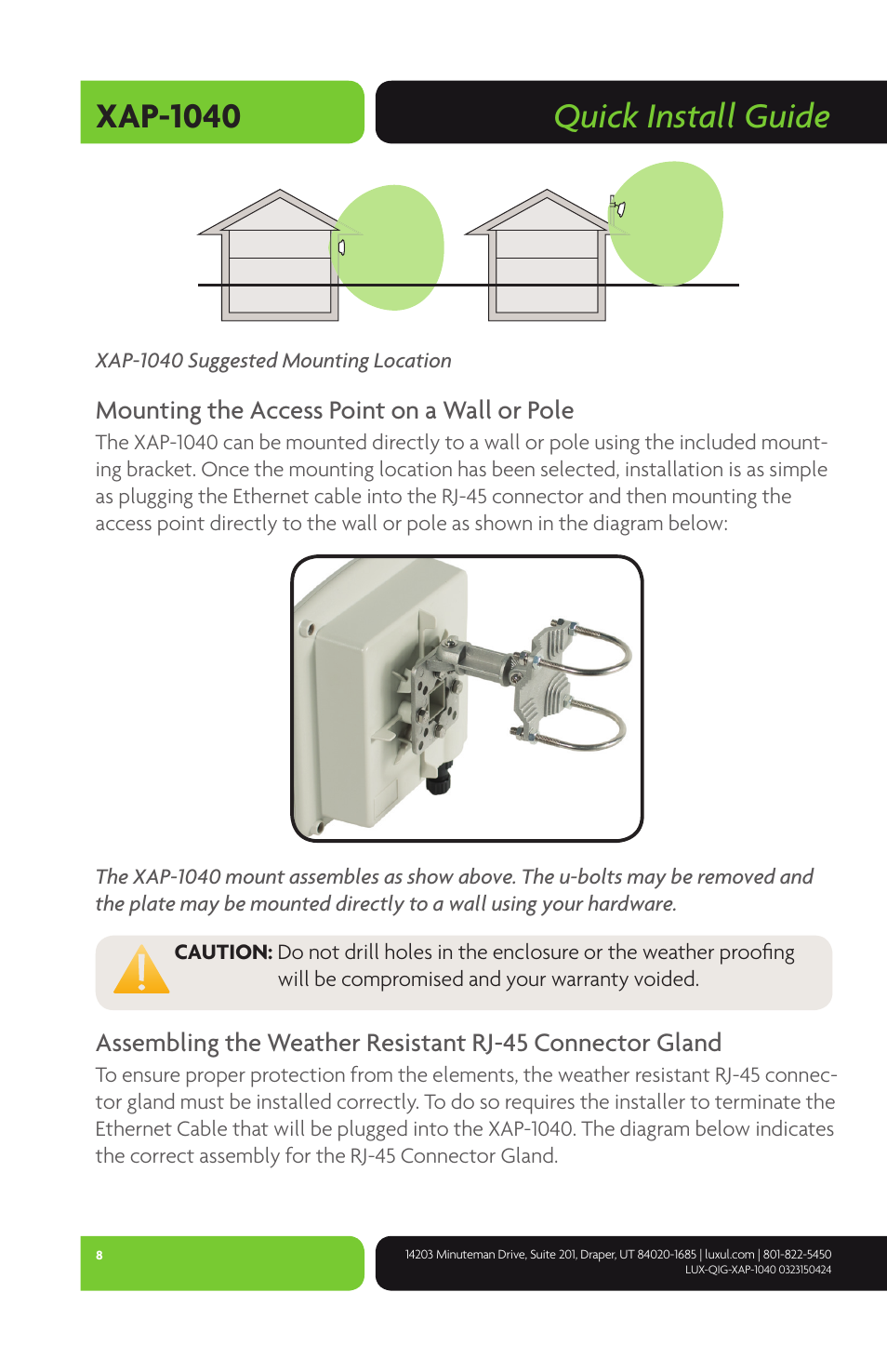 Quick install guide xap-1040, Mounting the access point on a wall or pole | Luxul XAP-1040 User Manual | Page 8 / 16