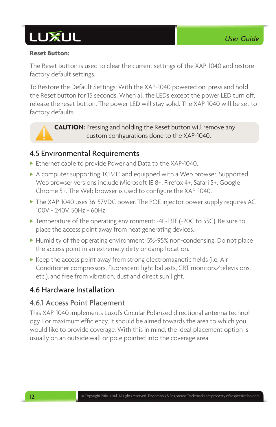 5 environmental requirements, User guide | Luxul XAP-1040 User Manual | Page 12 / 32