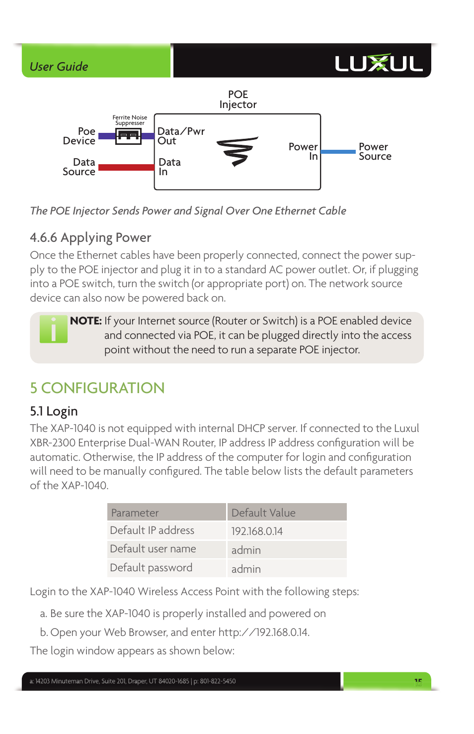 5 configuration, 6 applying power, 1 login | Luxul XAP-1040 User Manual | Page 15 / 32