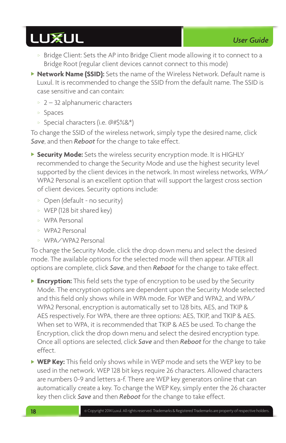 User guide, 2 – 32 alphanumeric characters, Spaces | Open (default - no security), Wep (128 bit shared key), Wpa personal, Wpa2 personal | Luxul XAP-1040 User Manual | Page 18 / 32