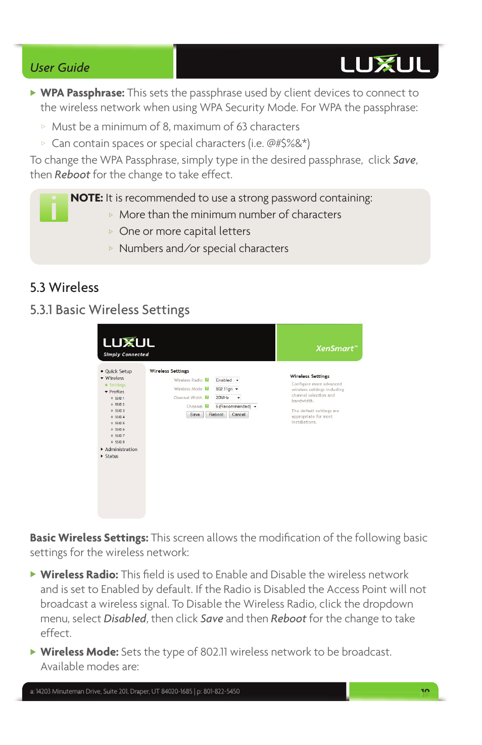 3 wireless 5.3.1 basic wireless settings, User guide, Must be a minimum of 8, maximum of 63 characters | More than the minimum number of characters, One or more capital letters, Numbers and/or special characters | Luxul XAP-1040 User Manual | Page 19 / 32