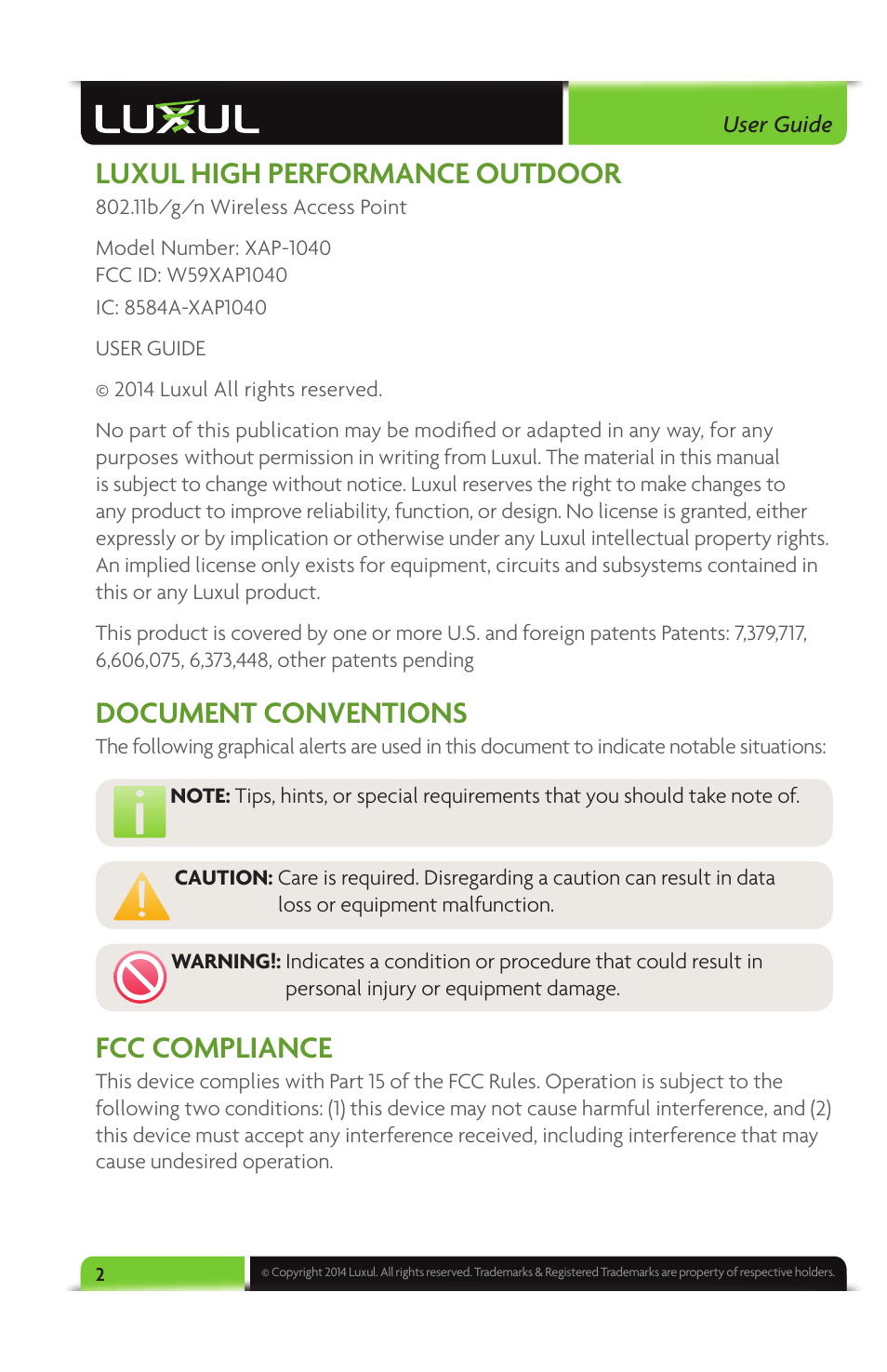 Luxul high performance outdoor, Document conventions, Fcc compliance | Luxul XAP-1040 User Manual | Page 2 / 32