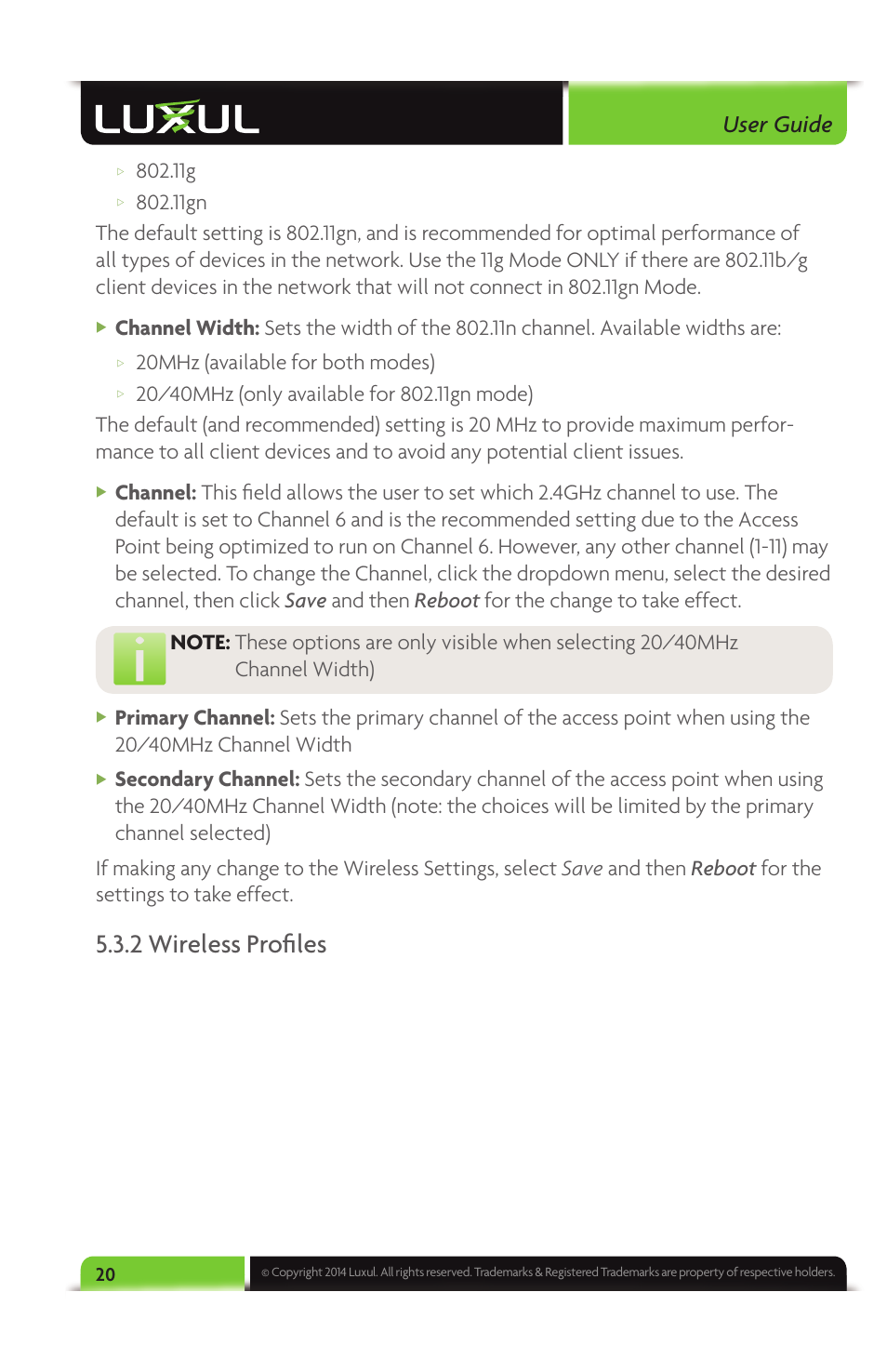 2 wireless profi les, User guide, 20mhz (available for both modes) | Luxul XAP-1040 User Manual | Page 20 / 32