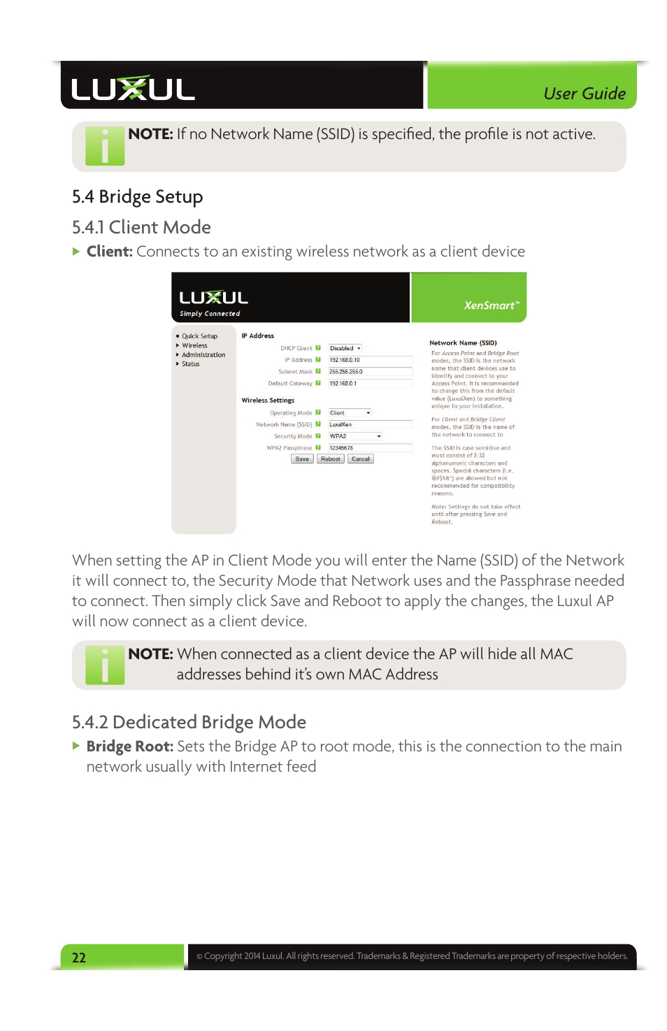 4 bridge setup 5.4.1 client mode, 2 dedicated bridge mode, User guide | Luxul XAP-1040 User Manual | Page 22 / 32