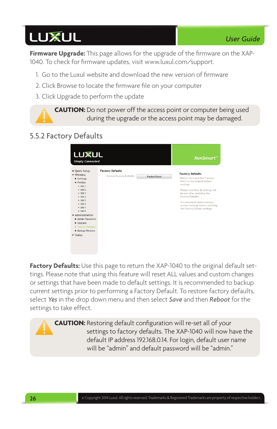 2 factory defaults | Luxul XAP-1040 User Manual | Page 26 / 32