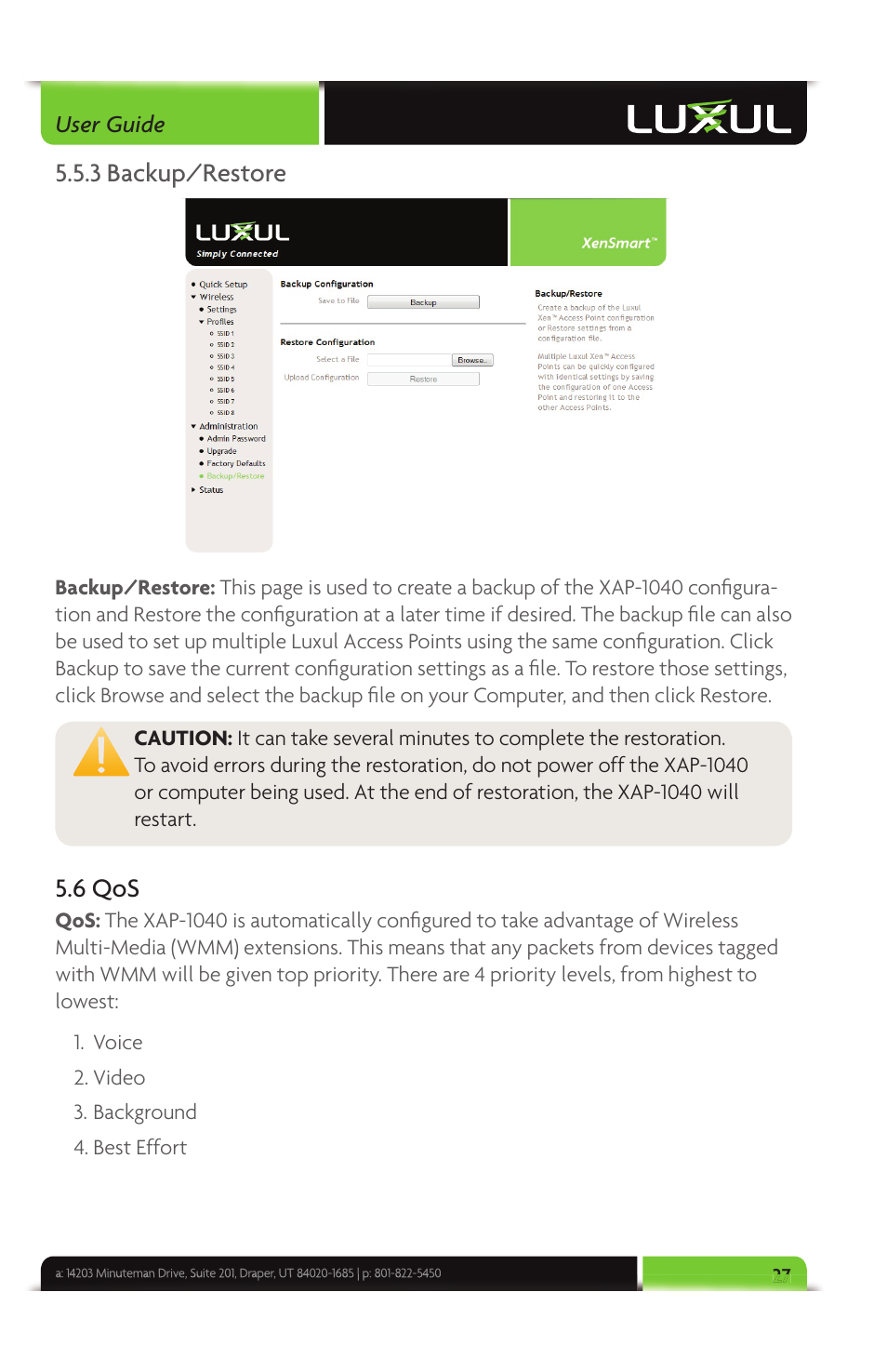 3 backup/restore, 6 qos | Luxul XAP-1040 User Manual | Page 27 / 32