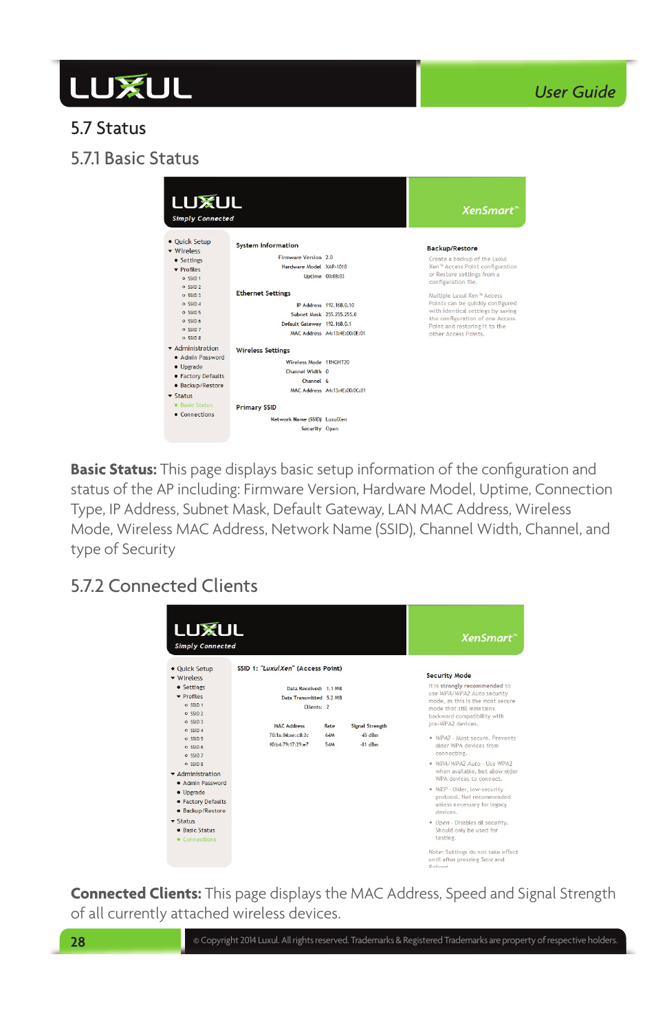 7 status 5.7.1 basic status, 2 connected clients | Luxul XAP-1040 User Manual | Page 28 / 32