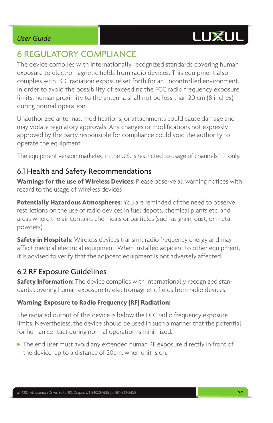 6 regulatory compliance, 1 health and safety recommendations, 2 rf exposure guidelines | Luxul XAP-1040 User Manual | Page 29 / 32