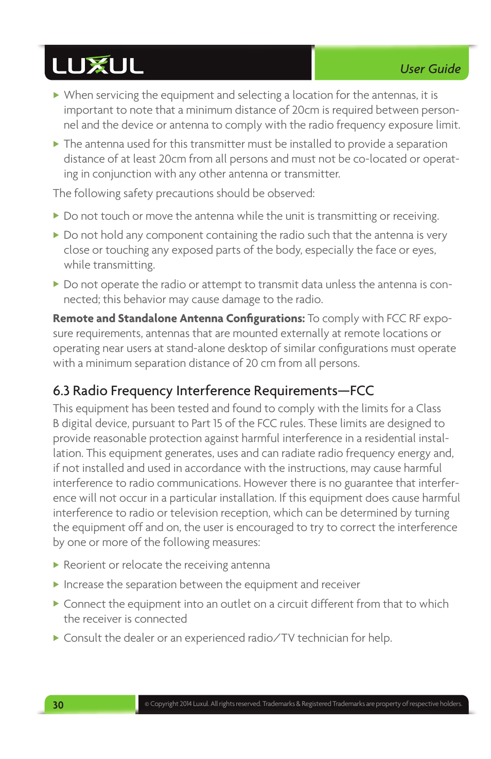 3 radio frequency interference requirements—fcc, User guide, Reorient or relocate the receiving antenna | Luxul XAP-1040 User Manual | Page 30 / 32