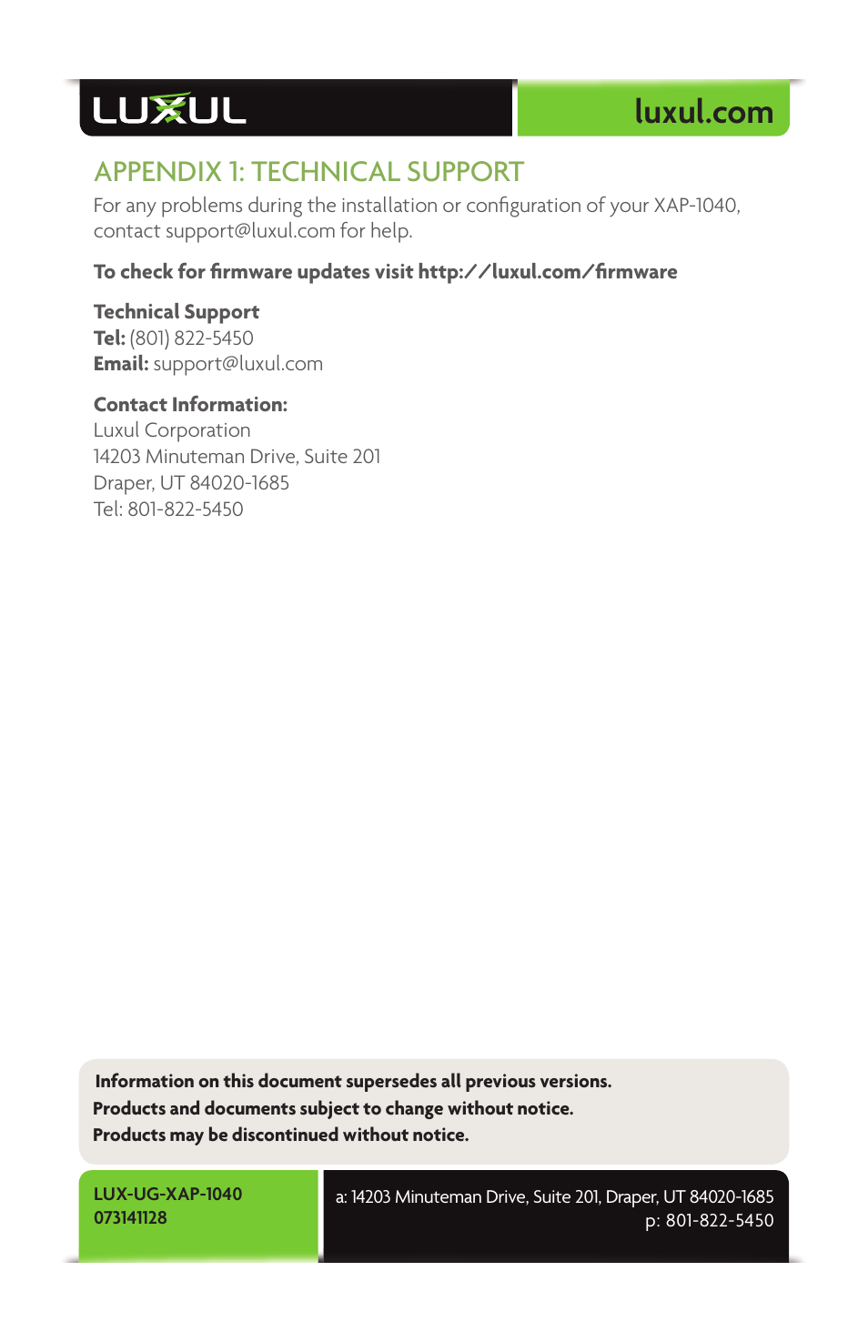 Appendix 1: technical support | Luxul XAP-1040 User Manual | Page 32 / 32