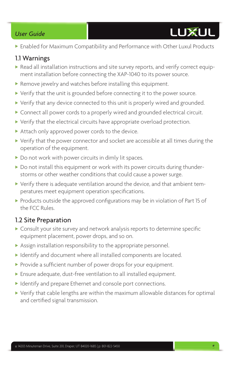 1 warnings, 2 site preparation, User guide | Attach only approved power cords to the device | Luxul XAP-1040 User Manual | Page 5 / 32