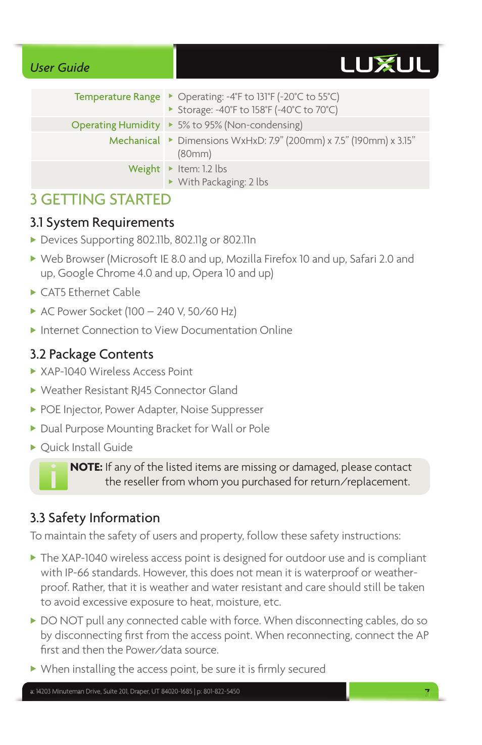 3 getting started, 1 system requirements, 2 package contents | 3 safety information, User guide, Cat5 ethernet cable, Internet connection to view documentation online, Xap-1040 wireless access point, Weather resistant rj45 connector gland, Poe injector, power adapter, noise suppresser | Luxul XAP-1040 User Manual | Page 7 / 32