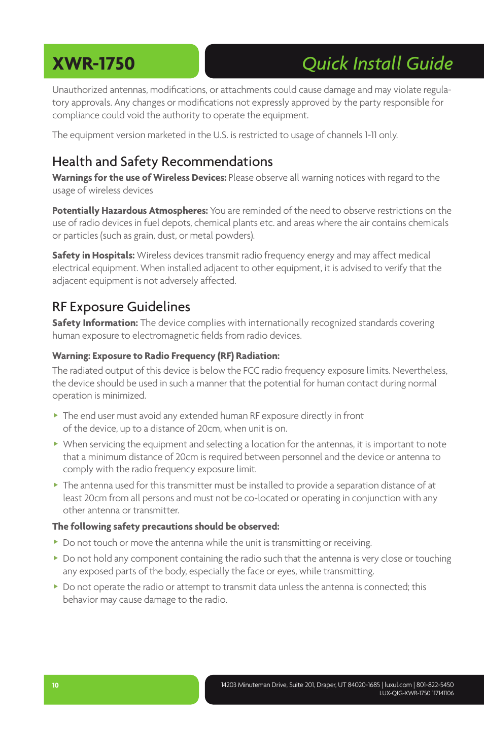 Quick install guide xwr-1750, Health and safety recommendations, Rf exposure guidelines | Luxul XWR-1750 User Manual | Page 10 / 12