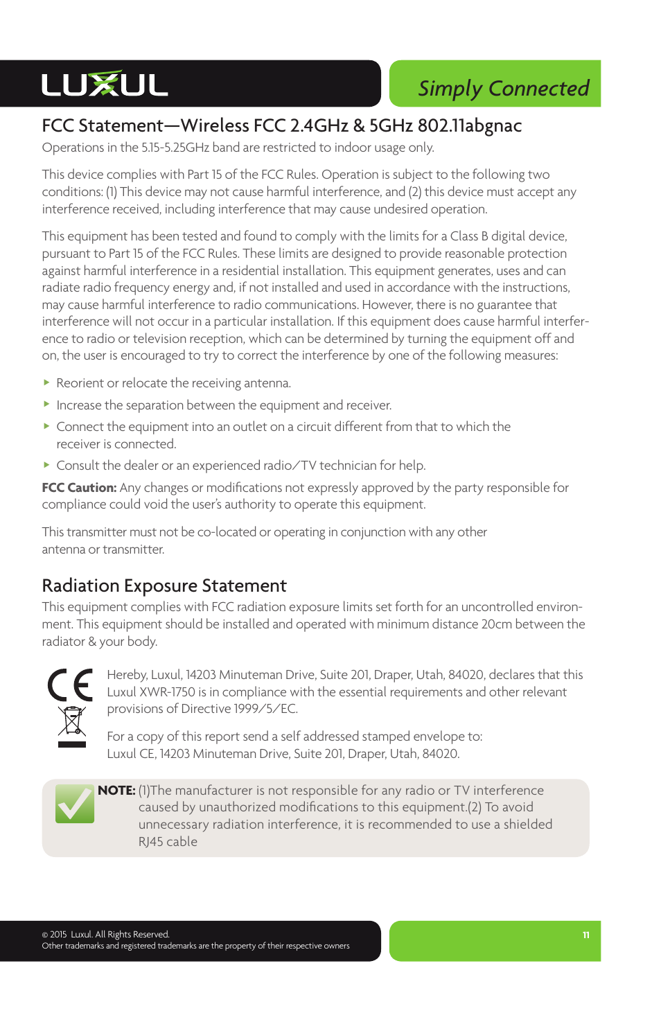 Simply connected, Radiation exposure statement | Luxul XWR-1750 User Manual | Page 11 / 12