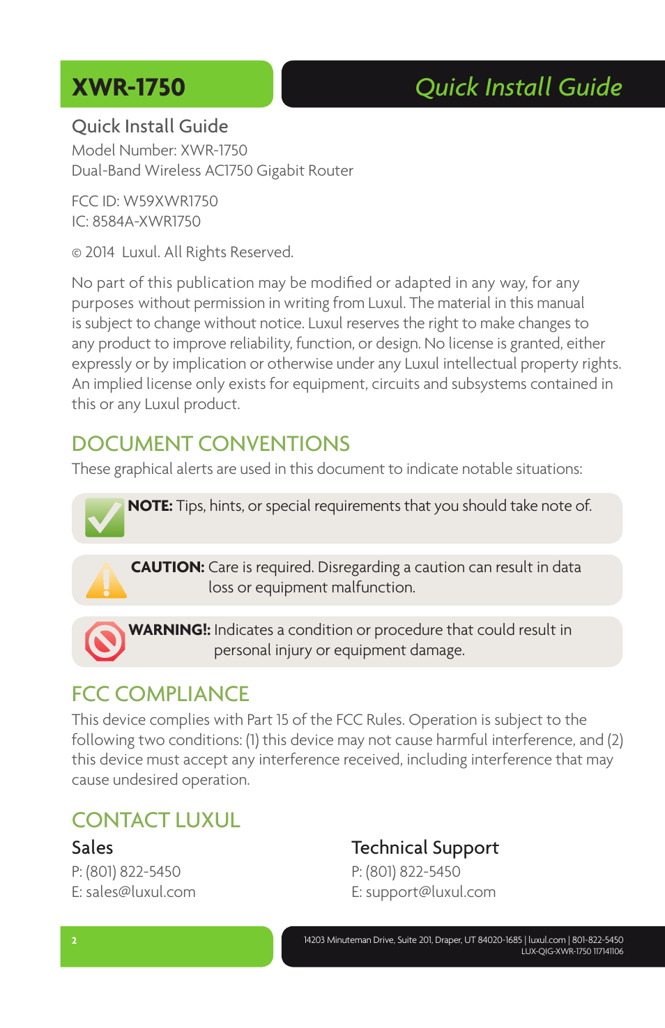 Quick install guide xwr-1750, Document conventions, Fcc compliance | Contact luxul | Luxul XWR-1750 User Manual | Page 2 / 12