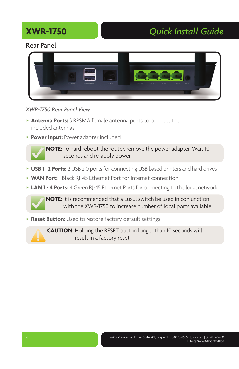 Quick install guide xwr-1750, Rear panel, Xwr-1750 rear panel view | Luxul XWR-1750 User Manual | Page 4 / 12