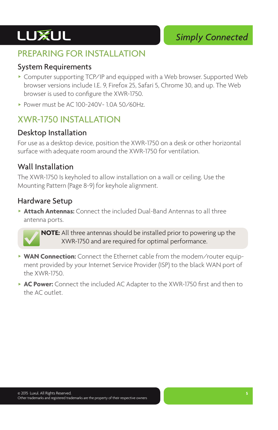 Simply connected, Preparing for installation, Xwr-1750 installation | System requirements, Desktop installation, Wall installation, Hardware setup | Luxul XWR-1750 User Manual | Page 5 / 12