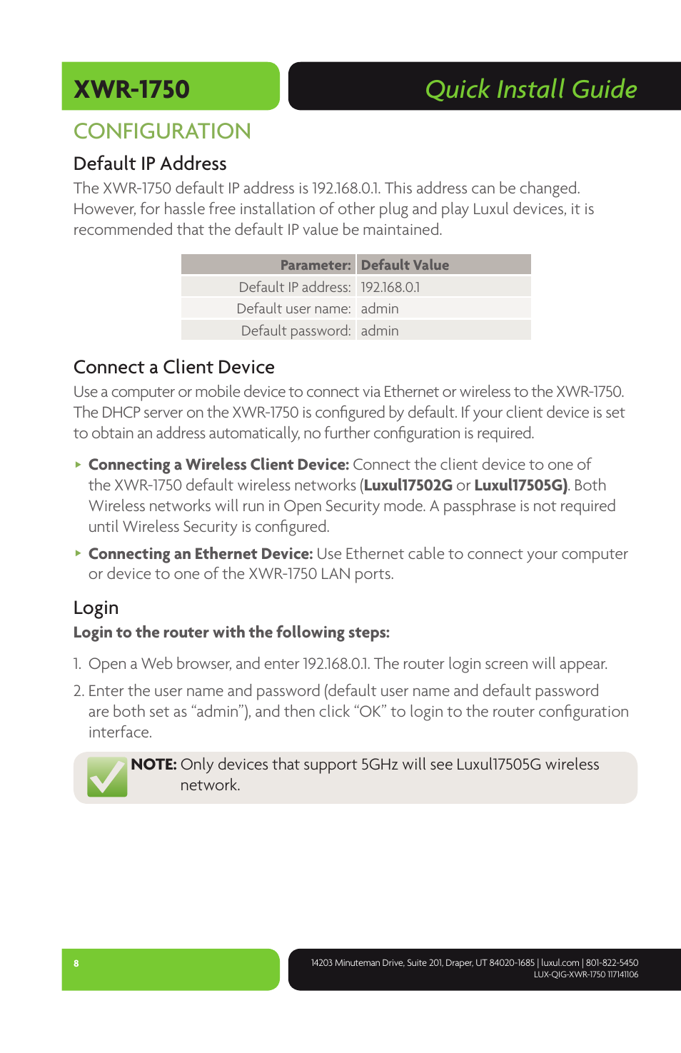 Quick install guide xwr-1750, Configuration, Default ip address | Connect a client device, Login | Luxul XWR-1750 User Manual | Page 8 / 12