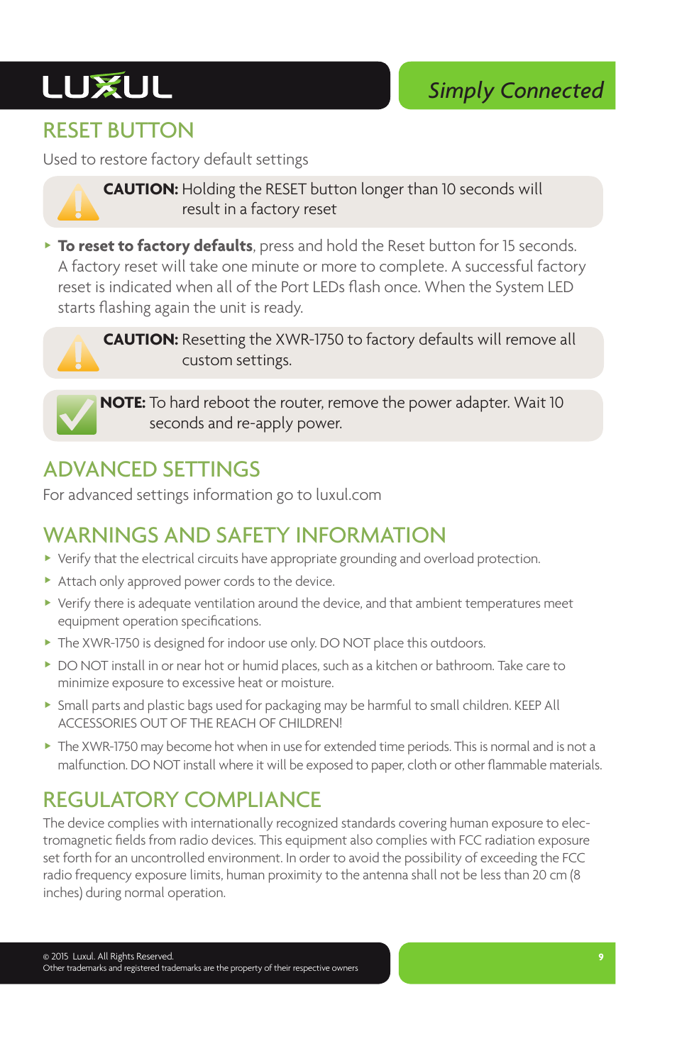 Simply connected, Reset button, Advanced settings | Warnings and safety information, Regulatory compliance | Luxul XWR-1750 User Manual | Page 9 / 12