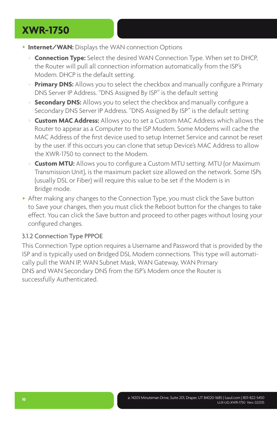 Xwr-1750, Internet/wan: displays the wan connection options | Luxul XWR-1750 User Manual | Page 10 / 52