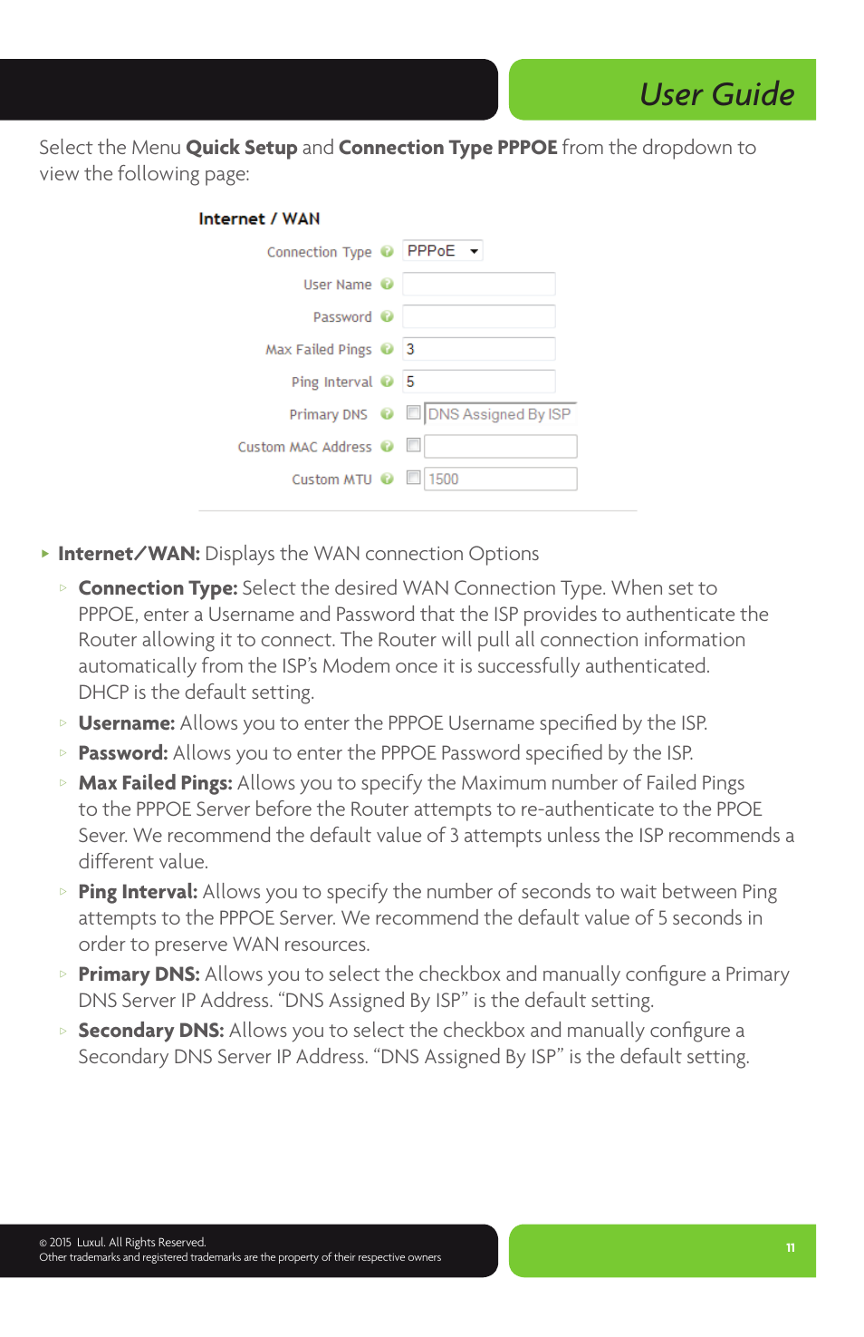 User guide, Internet/wan: displays the wan connection options | Luxul XWR-1750 User Manual | Page 11 / 52