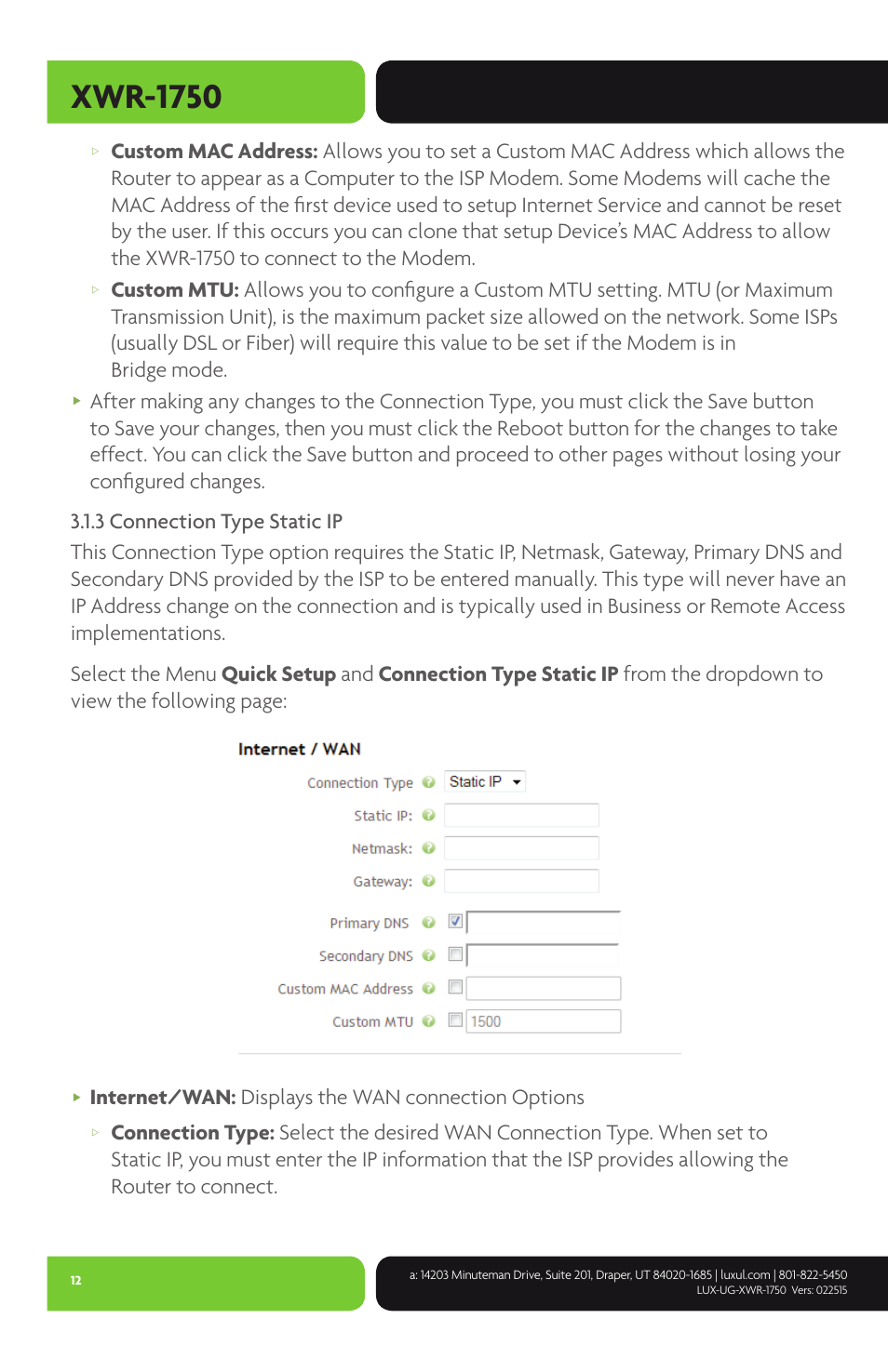 Xwr-1750, Internet/wan: displays the wan connection options | Luxul XWR-1750 User Manual | Page 12 / 52