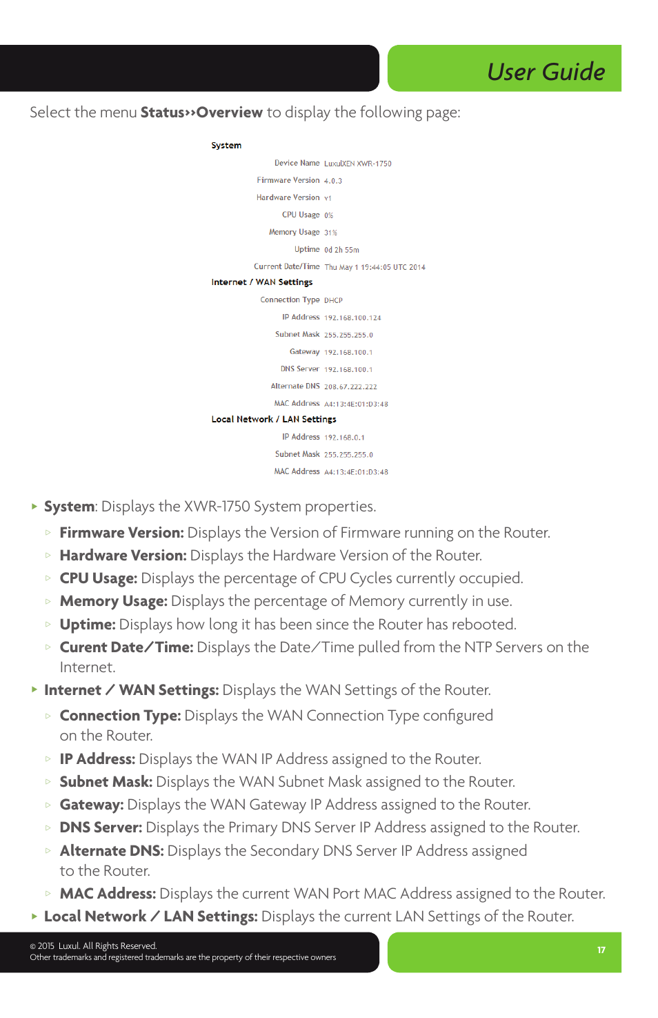 User guide, System : displays the xwr-1750 system properties | Luxul XWR-1750 User Manual | Page 17 / 52