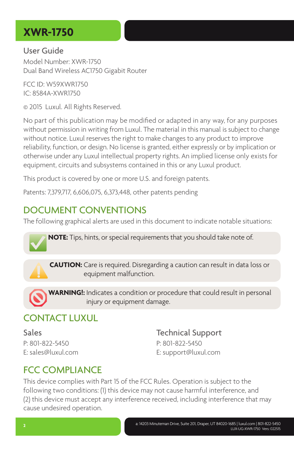 Xwr-1750, Document conventions, Contact luxul fcc compliance | Luxul XWR-1750 User Manual | Page 2 / 52