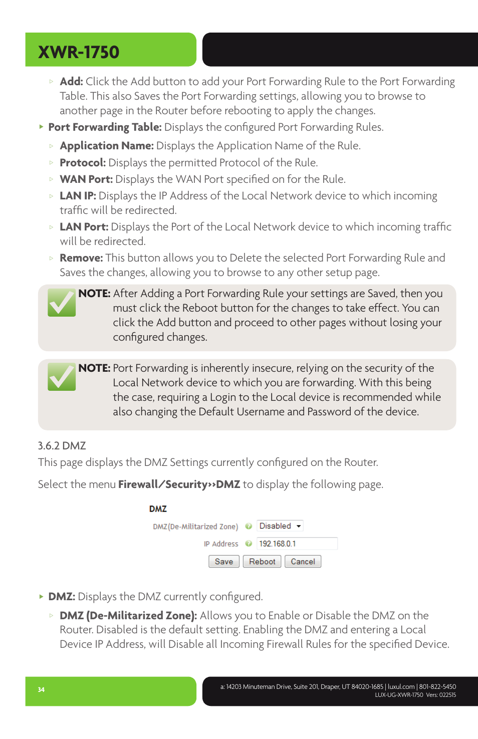 Xwr-1750, Dmz: displays the dmz currently configured | Luxul XWR-1750 User Manual | Page 34 / 52