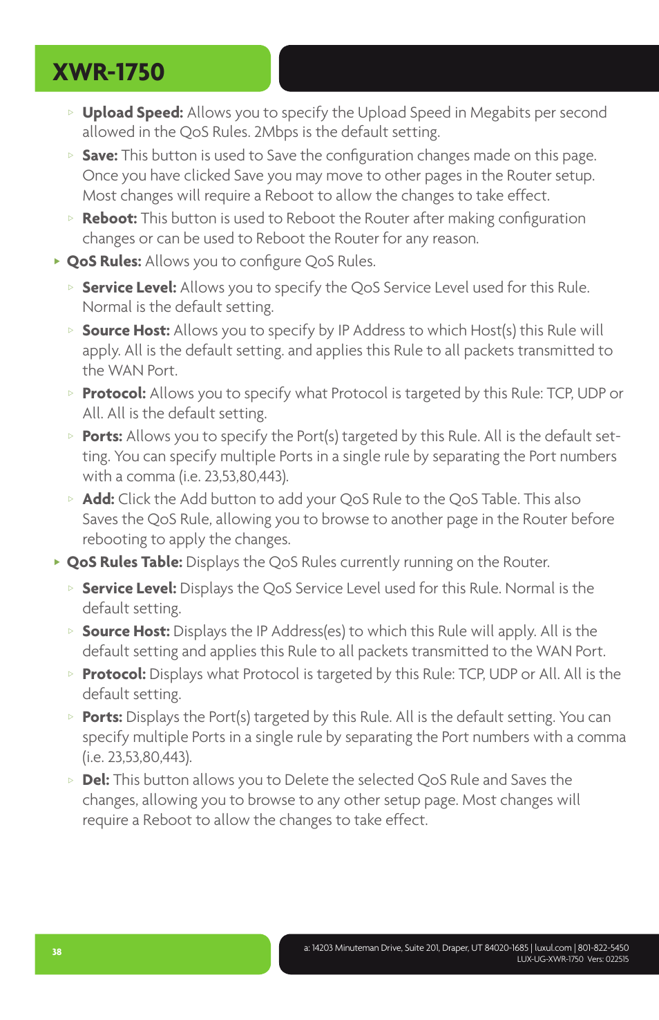 Xwr-1750, Qos rules: allows you to configure qos rules | Luxul XWR-1750 User Manual | Page 38 / 52