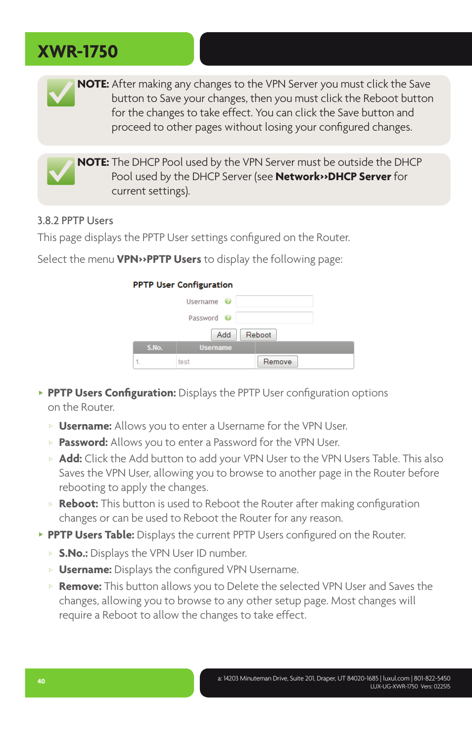 Xwr-1750, S.no.: displays the vpn user id number, Username: displays the configured vpn username | Luxul XWR-1750 User Manual | Page 40 / 52