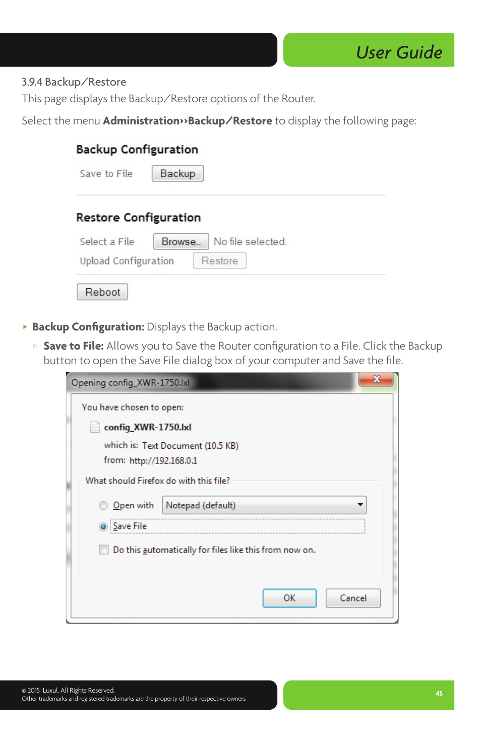 User guide, Backup configuration: displays the backup action | Luxul XWR-1750 User Manual | Page 45 / 52