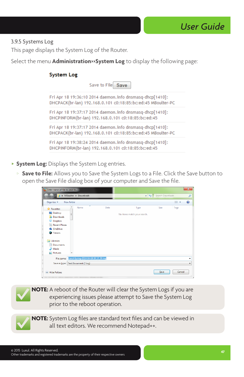 User guide, System log: displays the system log entries | Luxul XWR-1750 User Manual | Page 47 / 52