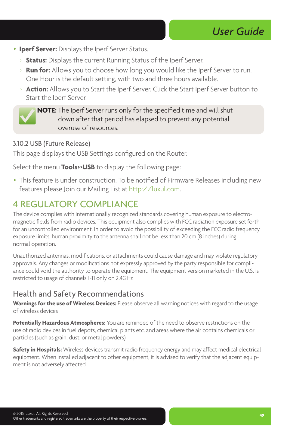 User guide, 4 regulatory compliance, Health and safety recommendations | Iperf server: displays the iperf server status | Luxul XWR-1750 User Manual | Page 49 / 52