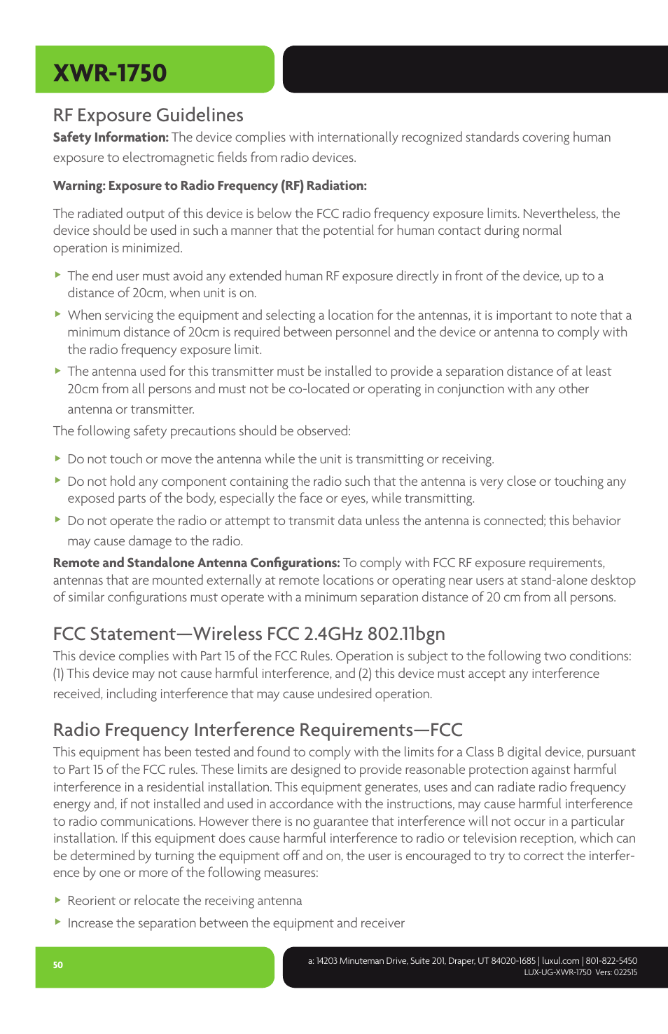 Xwr-1750, Rf exposure guidelines, Radio frequency interference requirements—fcc | Luxul XWR-1750 User Manual | Page 50 / 52