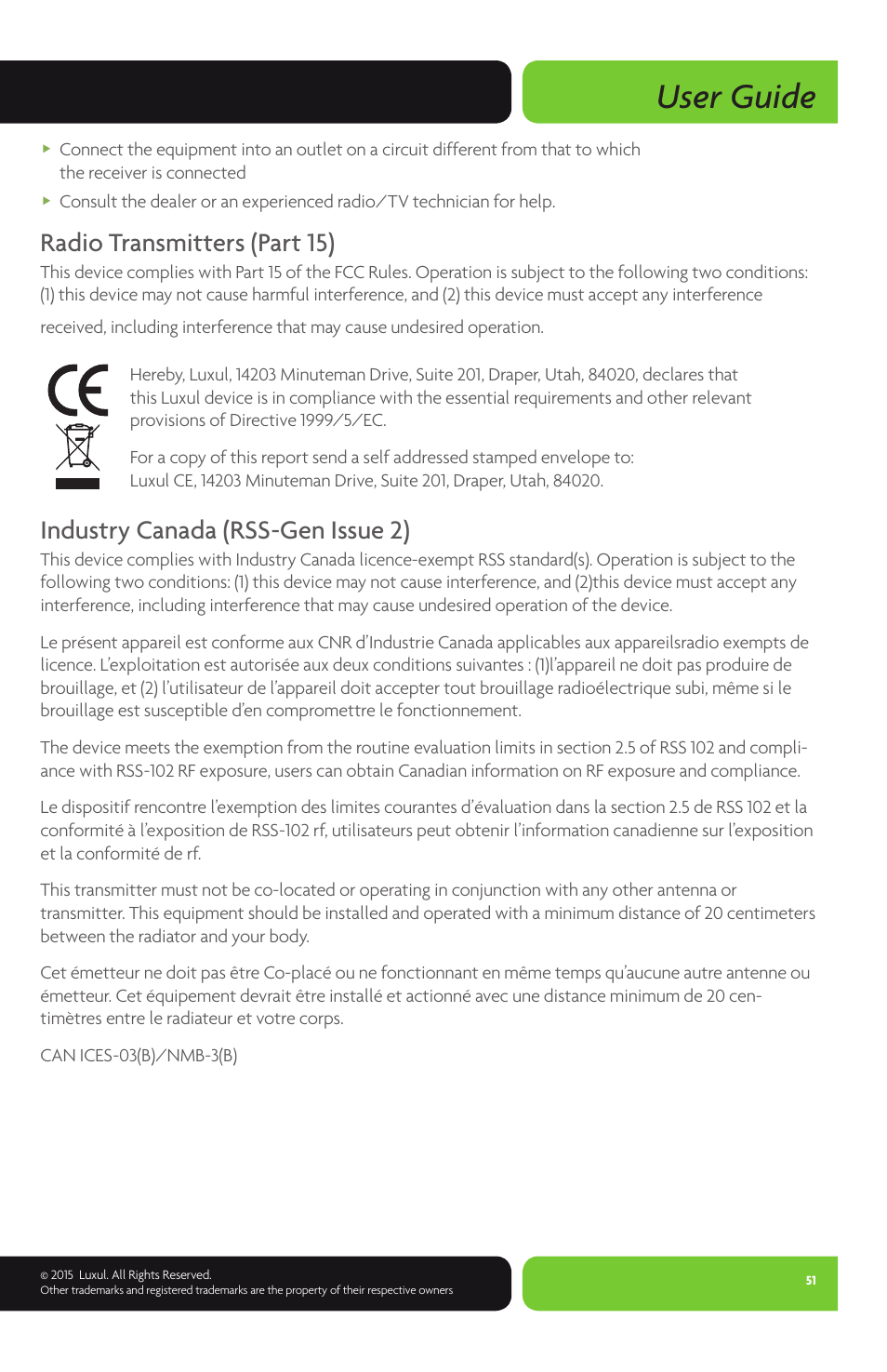 User guide, Radio transmitters (part 15), Industry canada (rss-gen issue 2) | Luxul XWR-1750 User Manual | Page 51 / 52